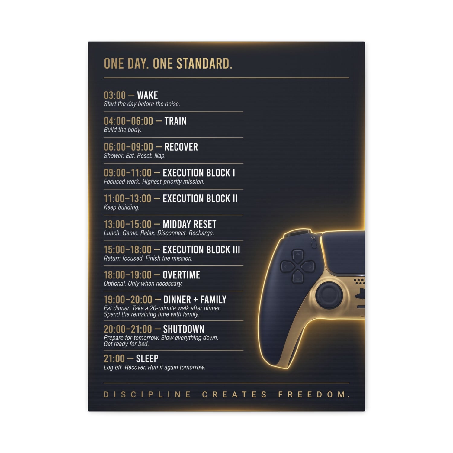 Gaming Routine Canvas Print — “One Day. One Standard.” Daily Schedule Poster